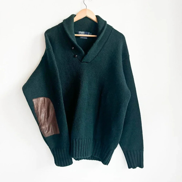 Vintage Polo Ralph Lauren Forest Green Wool Pullover with Leather Patches XL - Picture 1 of 10